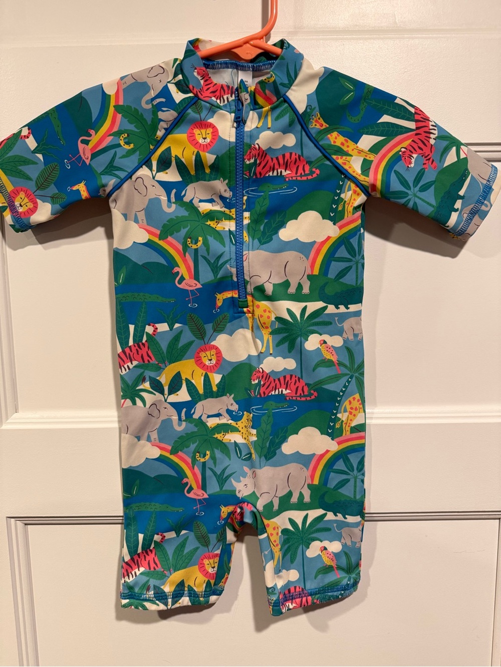 Baby Boden Teal Jungle Print Short-Sleeve Swim Romper